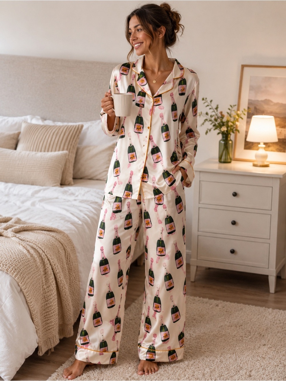 SHESHOW Champagne Bottle Satin Pajama Set 2XL Novelty Long Sleeve PJs NWT